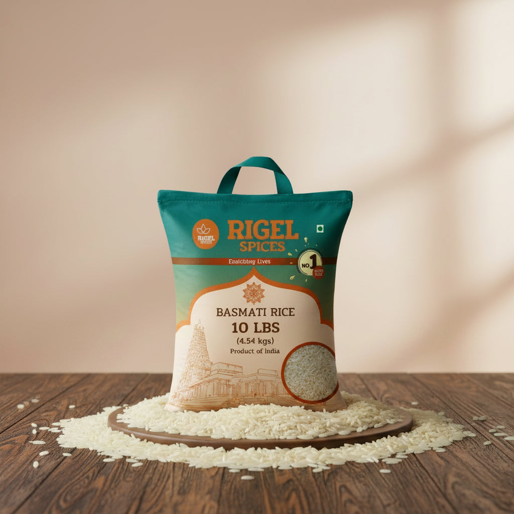 A 10 lb bag of Rigel Spices Basmati Rice on a plain white background. The packaging features a teal top section with orange branding and a beige lower section with an illustration of a temple and a circular inset showing the raw rice grains.