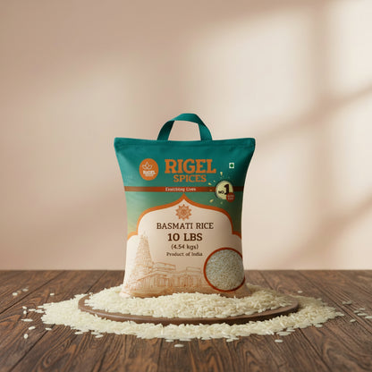 A 10 lb bag of Rigel Spices Basmati Rice on a plain white background. The packaging features a teal top section with orange branding and a beige lower section with an illustration of a temple and a circular inset showing the raw rice grains.